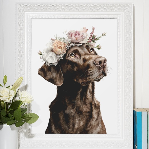Watercolor Labrador Retriever with Flower Crown Portrait Wall Art Print Unframed - Picture 7 of 7